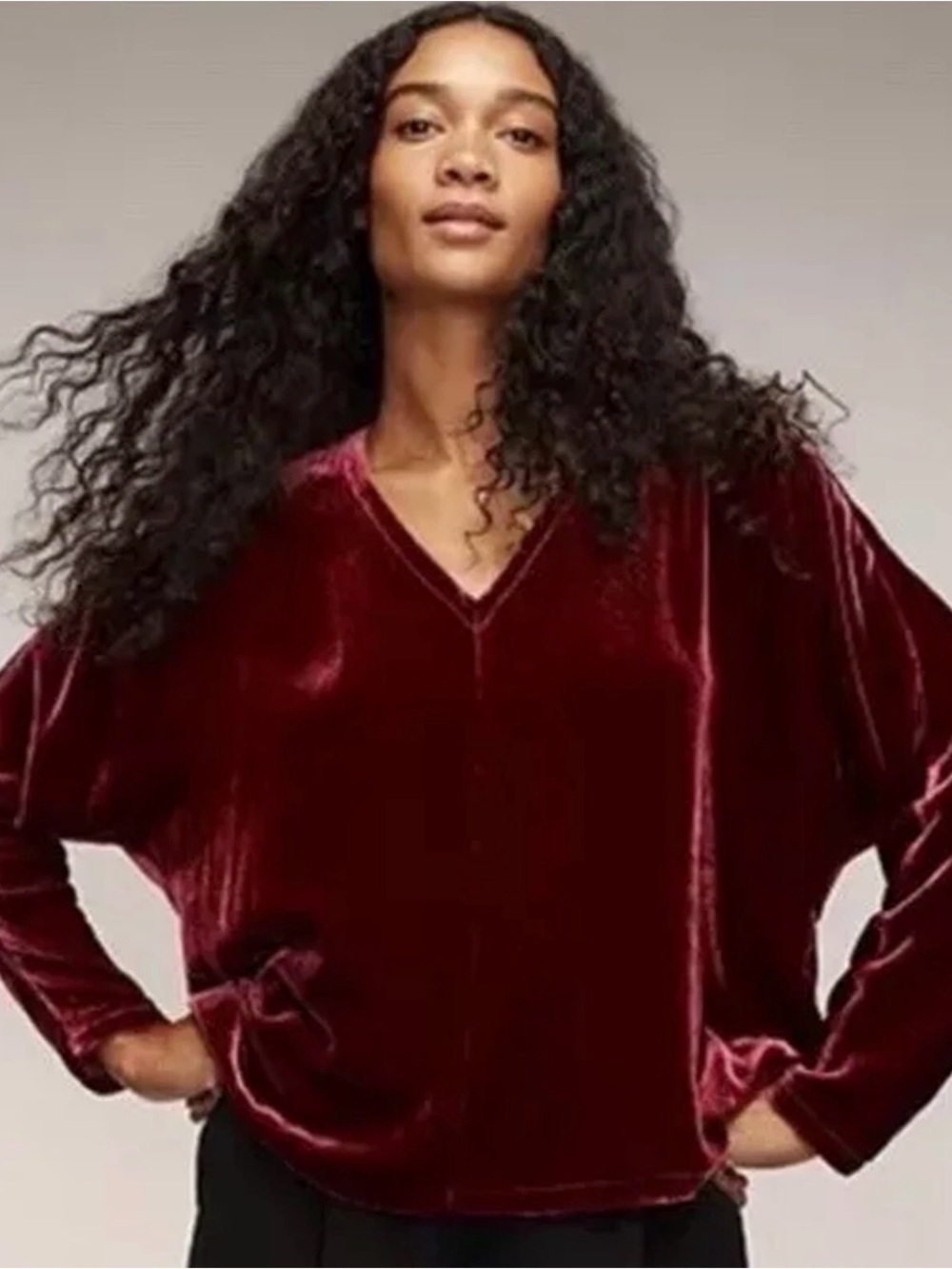 Eileen Fisher Silk Blend Dolman Sleeve Velvet V Neck Cabernet Top L